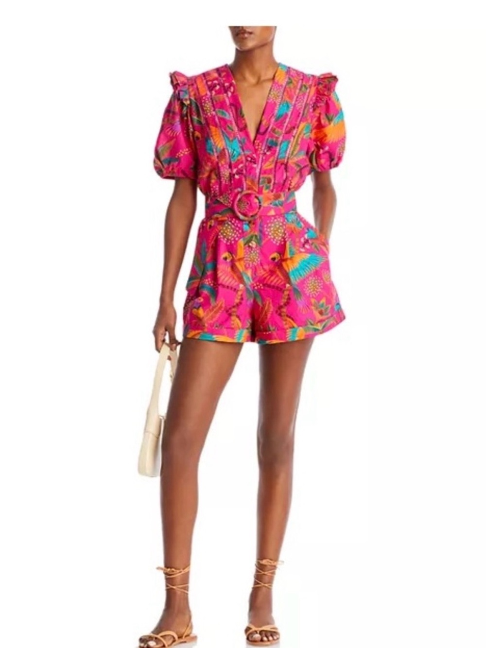 FARM Rio Pink Tropical Macaw Print Belted Romper NWT - Picture 4 of 10